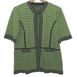 Misook Womens Green Black Grid Knit Open Front Short Sleeve Cardigan Jacket L